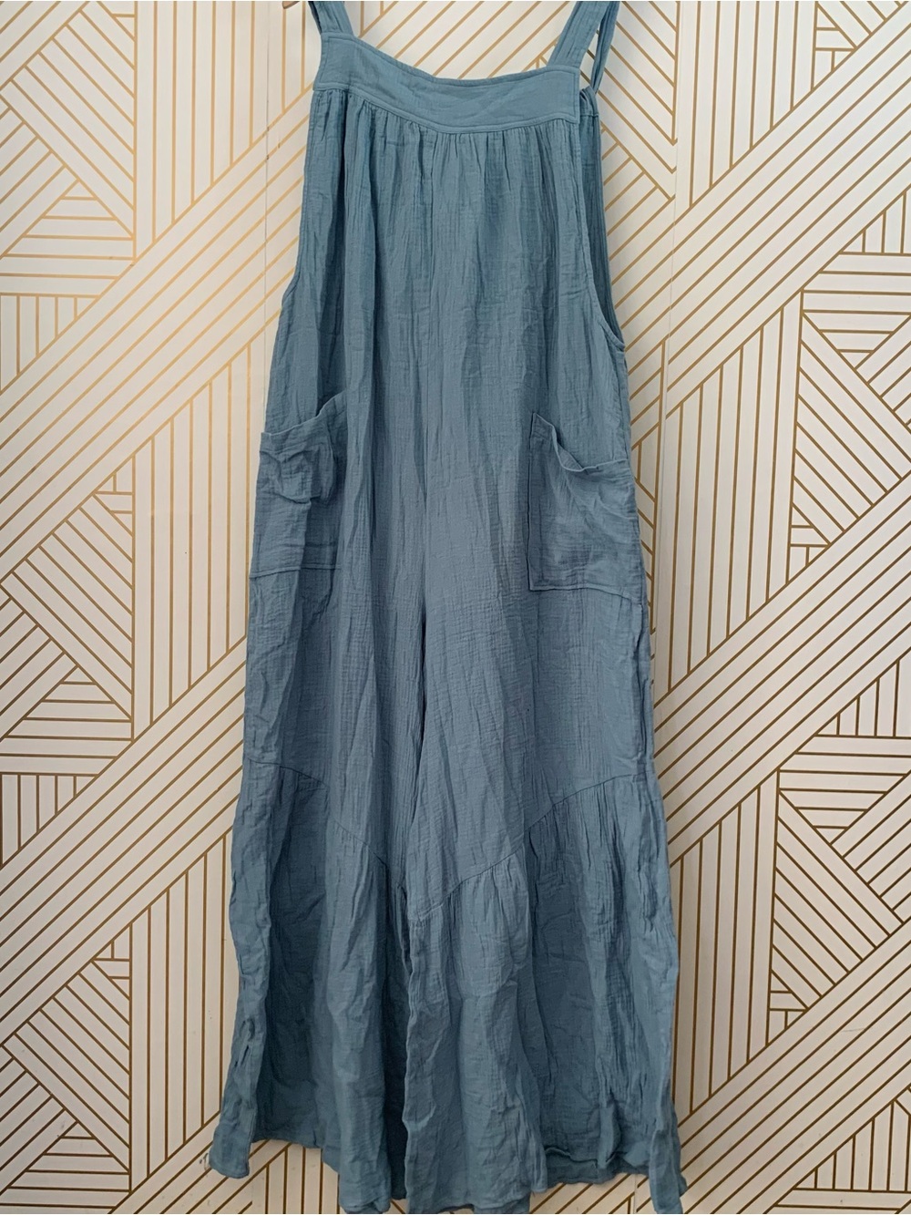 Oddy NWT 100% Cotton Gauze wide leg dusty blue Overalls 3X ruffle hem adjustable